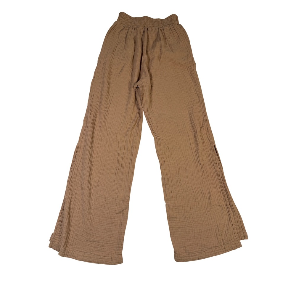 Aerie Wide Leg Gauze Pants Brown Smocked Waist Slit Pockets Small Petite - Picture 3 of 10